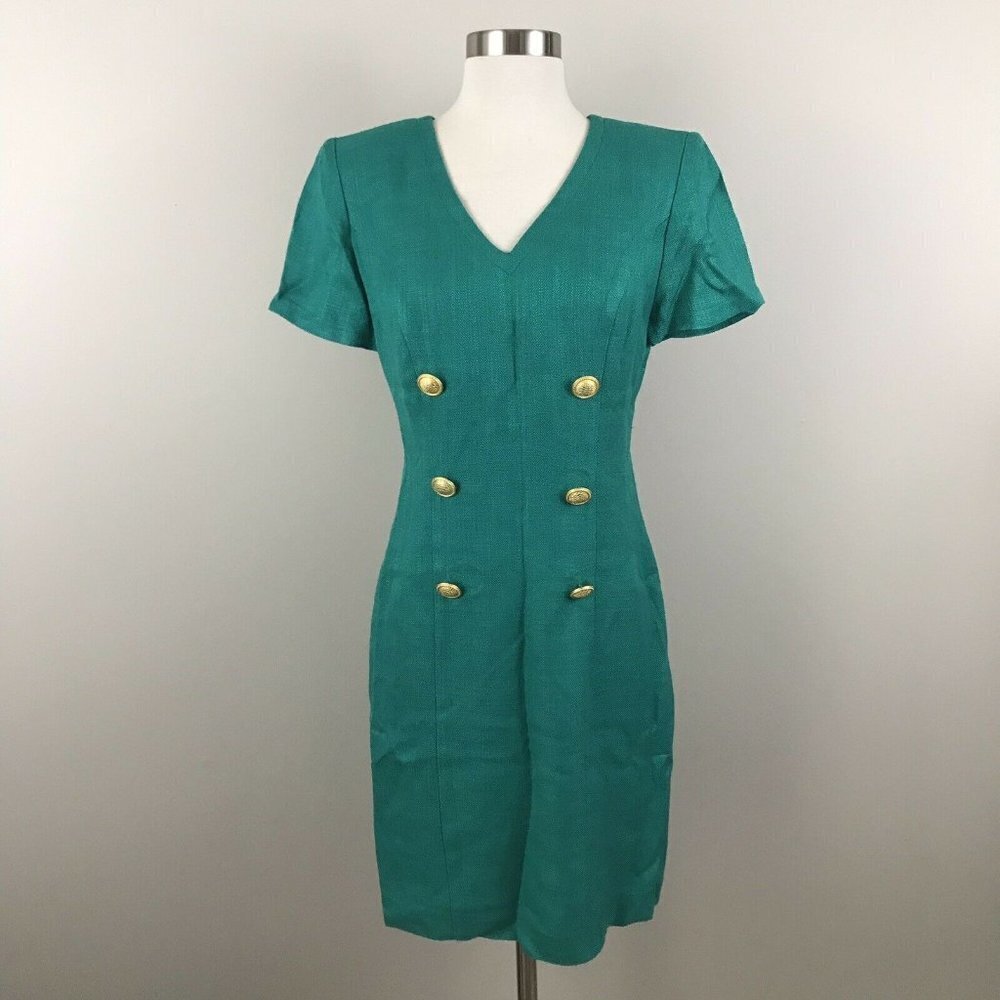 Vintage Teal Green Secretary‎ Dress Short Sleeve Button Detail V Neck
